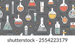 Seamless pattern - school chemistry background, geometric science laboratory background. Medical, chemical or biology lab, school education concept with tubes and flasks, vector illustration