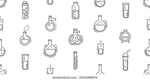 Patrón sin fisuras - fondo de la química de la escuela, fondo geométrico del laboratorio de la ciencia. Laboratorio médico, químico o biológico, concepto de educación escolar con tubos y matraces, Ilustración vectorial