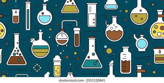 Patrón sin fisuras - fondo de la química de la escuela, fondo geométrico del laboratorio de la ciencia. Laboratorio médico, químico o biológico, concepto de educación escolar con tubos y matraces, Ilustración vectorial