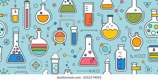 Patrón sin fisuras - fondo de la química de la escuela, fondo geométrico del laboratorio de la ciencia. Laboratorio médico, químico o biológico, concepto de educación escolar con tubos y matraces, Ilustración vectorial