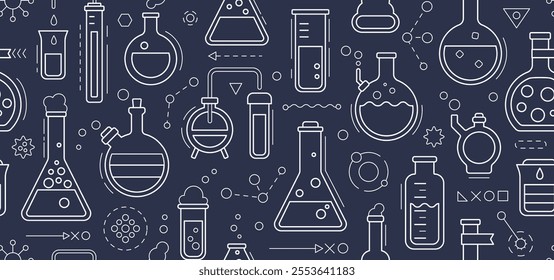Seamless pattern - school chemistry background, geometric science laboratory background. Medical, chemical or biology lab, school education concept with tubes and flasks, vector illustration