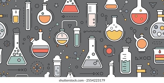 Seamless pattern - school chemistry background, geometric science laboratory background. Medical, chemical or biology lab, school education concept with tubes and flasks, vector illustration