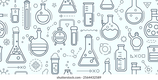 Seamless pattern - school chemistry background, geometric science laboratory background. Medical, chemical or biology lab, school education concept with tubes and flasks, vector illustration