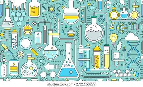 Seamless pattern - school chemistry background, geometric science laboratory background. Medical, chemical or biology lab, school education concept with tubes and flasks, vector illustration