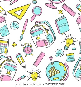 Seamless pattern with school doodle icons. Back to school . Isolated vector elements of concept school education.