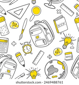 Seamless pattern with school doodle icons. Back to school . Isolated vector elements of concept school education.