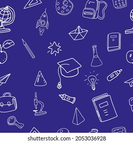 Seamless Pattern school doodles. Back to school line icons supples, equipment, elements. Hand drawn scetches vector illustration background