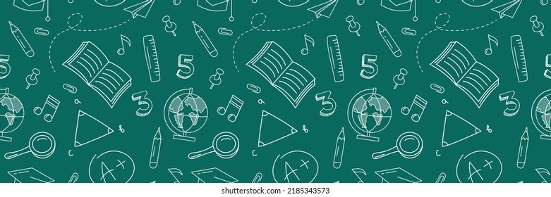 Seamless pattern with school doodles. Back to school hand drawn background for notebook, sketchbook. Learning, knowlege, skill concept. Seamless background with with stationery icons.