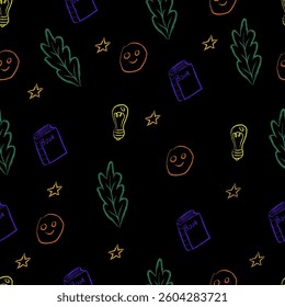 Seamless pattern with school doodles drawn with colored chalk on a black background for textiles and packaging. Vector illustration