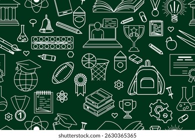Padrão perfeito com desenhos escolares. De volta à escola, fundo desenhado à mão. Conceito de aprendizagem, conhecimento, habilidades. Fundo perfeito com ícones de material escolar. Vetor