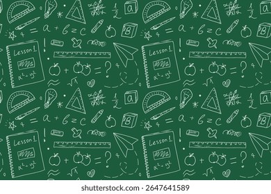 Seamless pattern with school drawings on a blackboard background. Background for school textbook covers, textiles, and stationery, "Back to School" concept. Sloppy sketches in a notebook