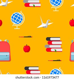 Seamless pattern of school and education objects or items. Vector flat illustration of school supplies. Design for web page, fabric, wallpaper, textile, invitations, flyers, brochures.