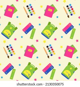 Seamless pattern with school and educational elements. Objects for art, stationery. Print for textile, clothes, book cover, wrapping paper, design and decor. Colorful background. Back to school. 