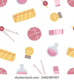 Seamless pattern with school elements. Colorful vector flat style. hand drawing. design for fabric, print, wrapper, textile
