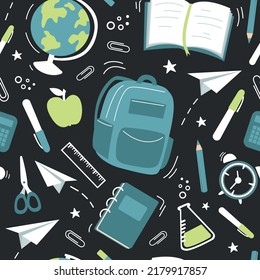 Seamless pattern of school elements - globe, paper clips, backpack, paper planes, pens, books, notebooks. Baby vector illustration.