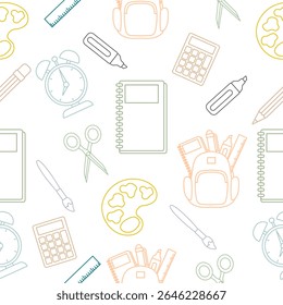 Seamless pattern of school elements like backpacks, notebooks, scissors, calculator, clock, rulers, and paint palette on transparent background with line art style. - Powered by Shutterstock - Get 15% off with code: PIKWIZARD15