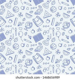 Seamless pattern with school elements on a cell paper background.