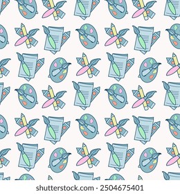 Seamless pattern with school elements on a white background. Brushes, paints, pencils, notebook. Printing on paper