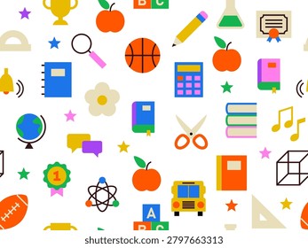 Seamless pattern with School elements. Vector flat illustration. Back to school. Background with different school supplies. First day of school. Perfect for educational projects, posters, flyers, presentations, teacher materials or kidfriendly infographics