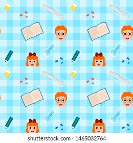 Seamless pattern school equipment list with boy and girl.