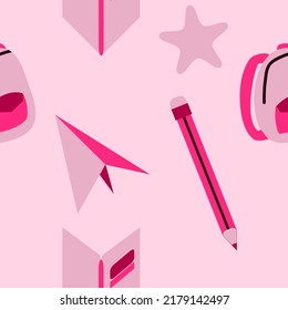 Patrón sin foco de equipamiento escolar y otras cosas en tonos rosa o magenta