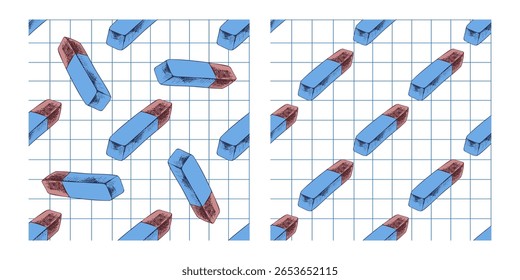 Seamless pattern of school erasers on grid paper. Perfect for stationery, education design, kids crafts and digital backgrounds.