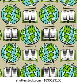Seamless pattern with school geographic elements. Background with hand drawn education objects, globe earth and open book. Vector illustration for learning projects and training covers.