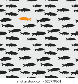 Seamless pattern with school of gray fish and one orange fish swimming in the opposite direction, vector illustration