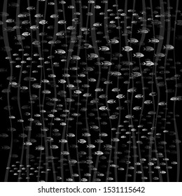 Seamless pattern. School group of fish and waves on black backround. Vector illustration.