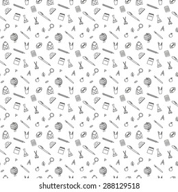 Seamless pattern with school hand-drawn doodle objects, the contour on white background. Can be used to design for school and education themes