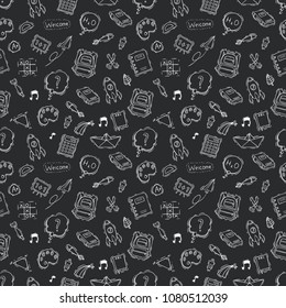 seamless pattern of school icons with doodle or hand drawn style on chalkboard background
