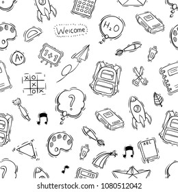seamless pattern of school icons with doodle or hand drawn style