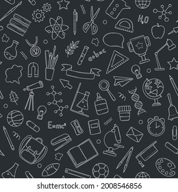 Seamless pattern of school icons,  in doodle style on chalkboard. Stationery items in a hand drawn sketch. Vector line illustration for wrapping paper, wallpaper, cover, decorative print.
