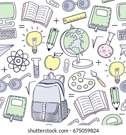 Seamless pattern with school icons in doodle style. Back To School Background. Vector illustration.