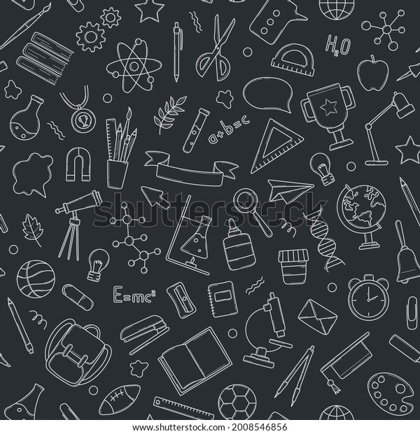 Seamless\
pattern of school icons,  in doodle style on chalkboard. Stationery\
items in a hand drawn sketch. Vector line illustration for wrapping\
paper, wallpaper, cover, decorative\
print.