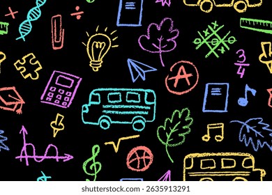 Padrão contínuo com ícones escolares como ônibus, folha, nota e bulbo em cores vibrantes. Ideal para projetos de volta à escola ou jardim de infância, impressões educacionais e projetos criativos em sala de aula. Vetor bg