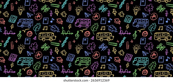 Seamless pattern with school icons like bus, leaf, note, and bulb in vibrant colors. Ideal for back to school or kindergarten designs, educational prints, and creative classroom projects. Vector bg