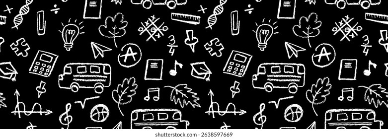Seamless pattern with school icons like bus, leaf, note, and bulb in white color. Ideal for back to school or kindergarten designs, educational prints, and creative classroom projects. Vector bg