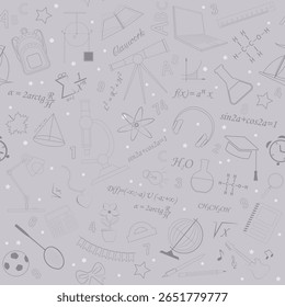 Seamless pattern with school icons on grey background. Vector illustration