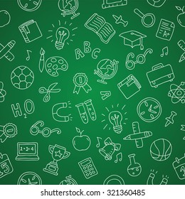 Seamless pattern of school icons on a green chalkboard. Vector.