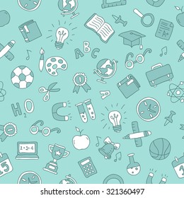 Seamless pattern of school icons on a blue background. Vector.