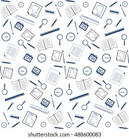 Seamless pattern with school icons. Sketch vector illustration. Books, calendar, stationary, brushes, pencil elements. Background for teacher's day, copybook, notebook, card. Perfect mock up for study