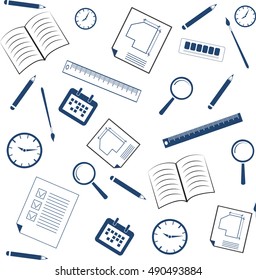 Seamless pattern with school icons. Sketch vector illustration. Books, calendar, stationary, brushes, pencil elements. Background for teacher's day, copybook, notebook, card. Perfect mock up for study