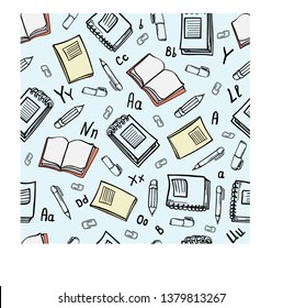 seamless pattern of school items Background with notebooks and stationery
