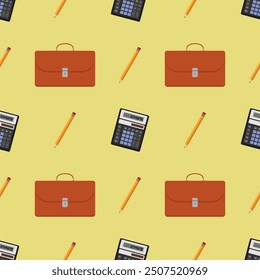 Seamless pattern school items school bag pencil calculator on background