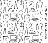 Seamless pattern with school items - books, textbooks, laptop, magnifying glass, rulers, drawing compass. Vector hand-drawn doodle illustration. Perfect for print, wallpaper, decorations.