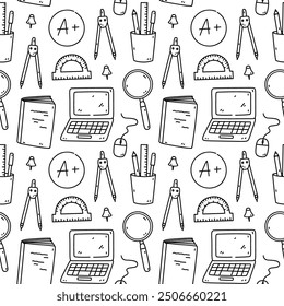 Seamless pattern with school items - books, textbooks, laptop, magnifying glass, rulers, drawing compass. Vector hand-drawn doodle illustration. Perfect for print, wallpaper, decorations.