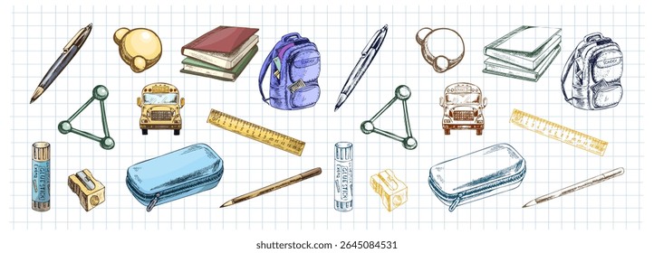 Padrão contínuo de itens escolares em estilo de esboço de cor e contorno. Inclui mochila desenhada à mão, ônibus, caneta, régua, afiador, livros, modelo triangular, caso lápis, cola e modelo de molécula