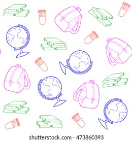 Seamless pattern of school items and icons. Colored school elements on the white background. Back to school. Vector illustration. School seamless pattern.