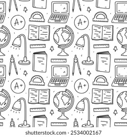 Seamless pattern with school items - notebooks, textbooks,  laptop, globe, lamps, drawing compass, pins. Vector hand-drawn doodle illustration. Perfect for print, wallpaper, decorations.
